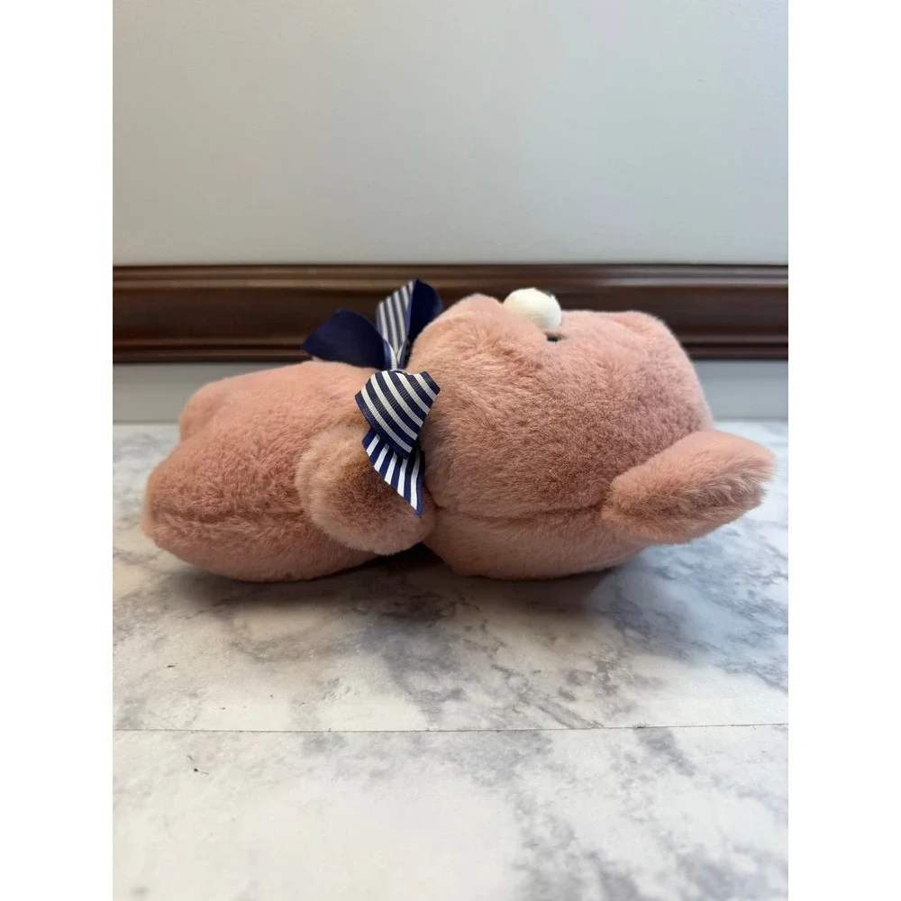 Kawaii Pink Teddy Bear Plush Stuffed Animal with Blue Striped Bow 9 Inch